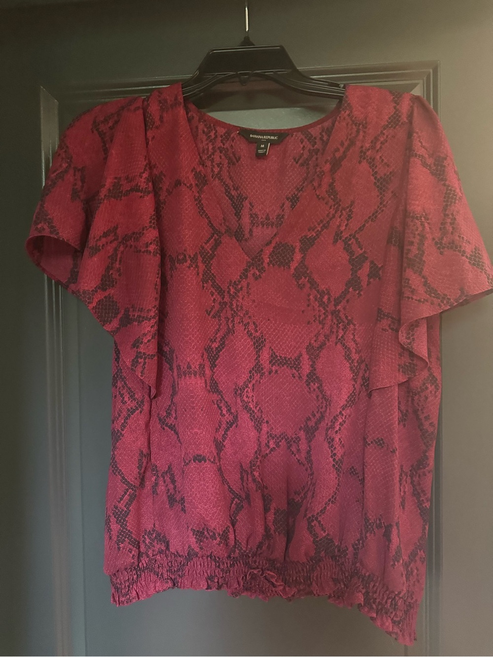 Banana Republic Burgundy Snake-Print Flutter Sleeve Blouse